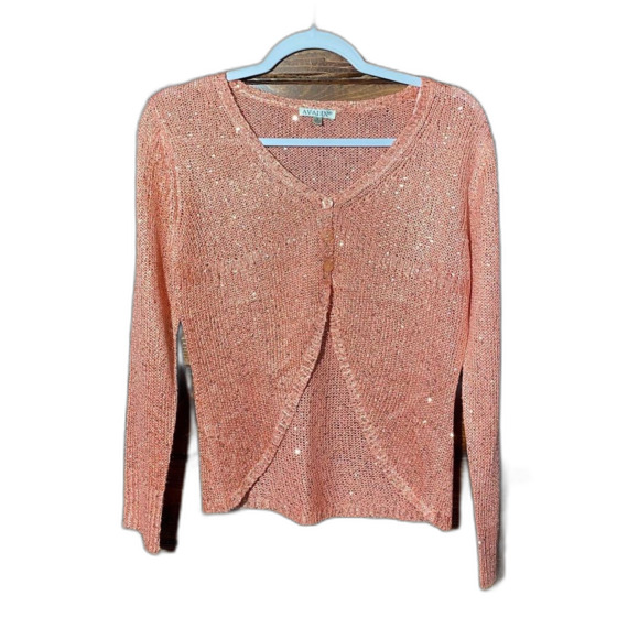 Avalin Pink Barbie Sequin Sparkly Button Up Rib Knit Cardigan Women's Size Small - Picture 2 of 14